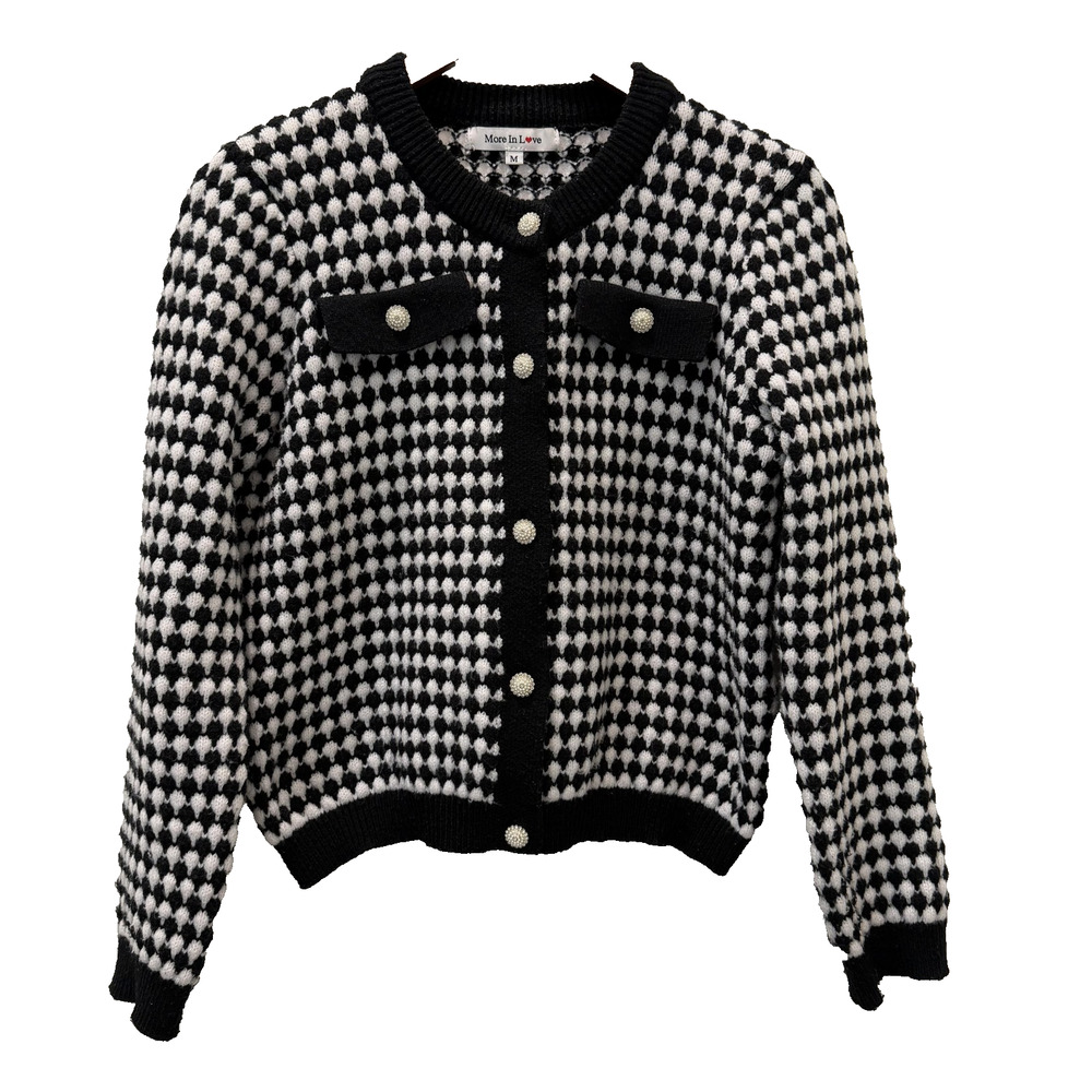 More In Love Sweater Cardigan Womens M Black White Geometric Knit Pearl Button